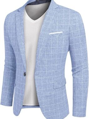 Light Blue Windowpane Blazer - COOFANDY Men's Blazer (Size Large)